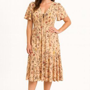 Baltic Born Floral Dress Sz M Flutter Sleeves Peach Cream Fit Flare Romantic